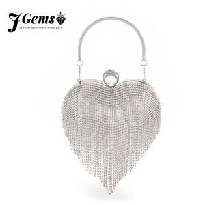 Luxury Crystal Fringe Evening Clutch – Silver Heart Silhouette
